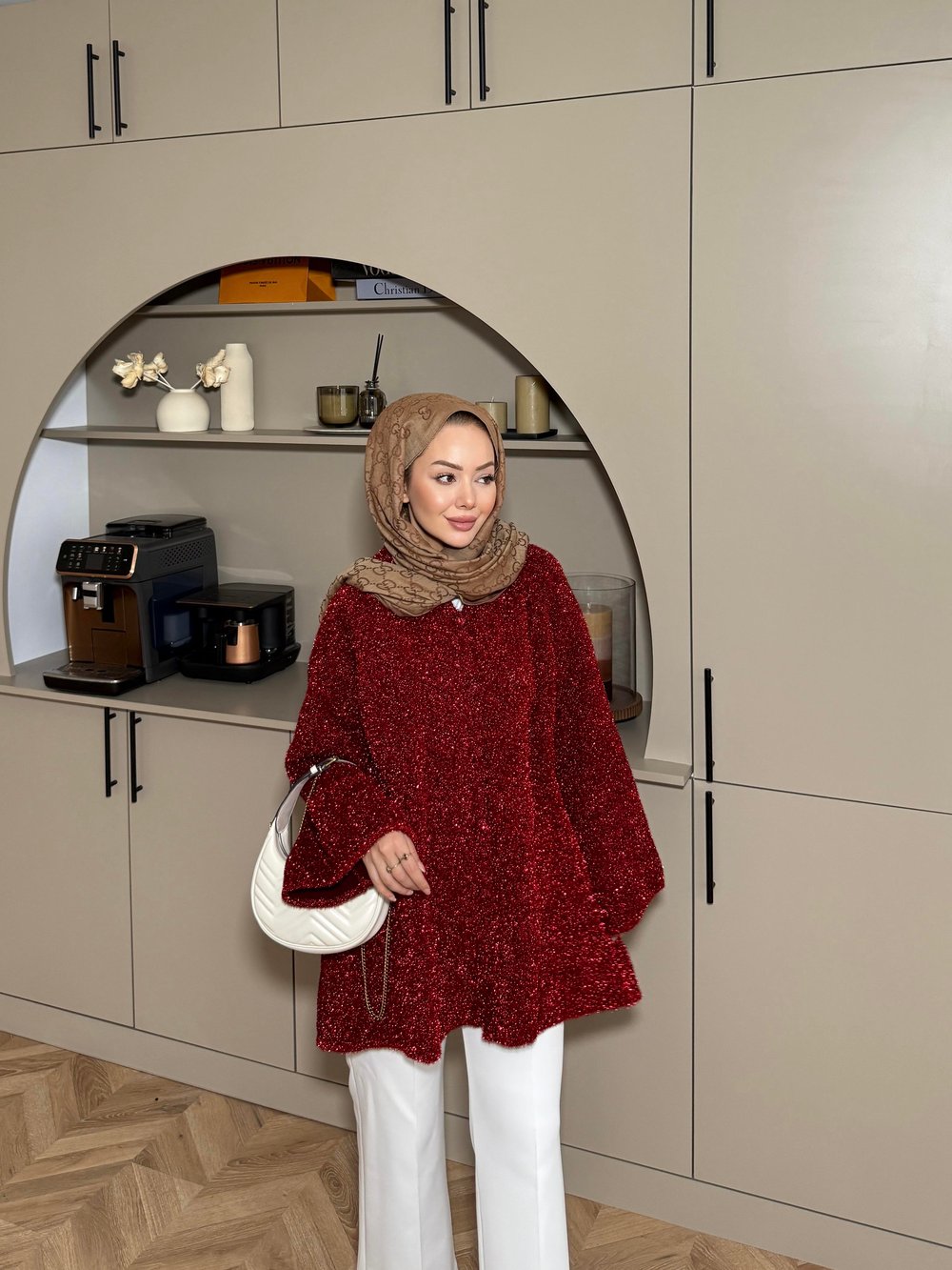 Kapüşonlu Simli Hırka Kırmızı