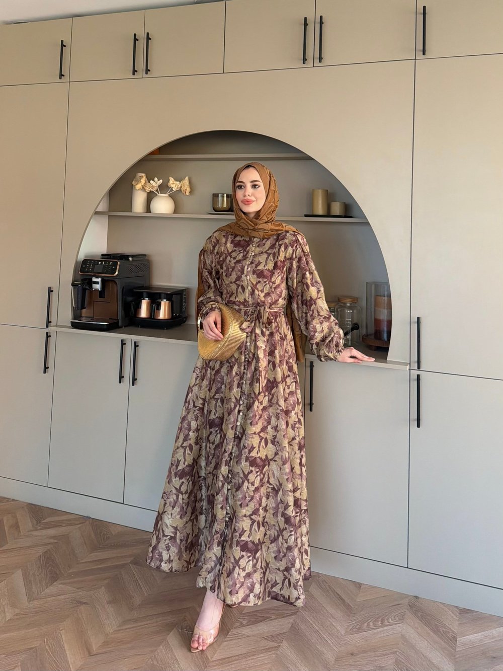 Katre Çiçek Desenli Elbise Kahve (26145)