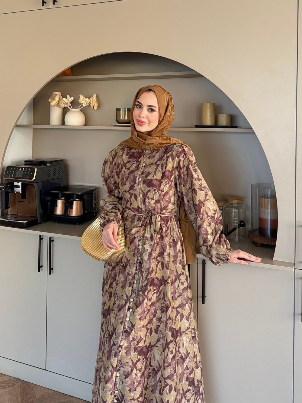 Katre Çiçek Desenli Elbise Kahve (26145)