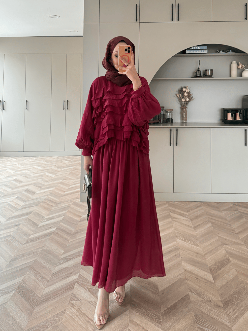 Kave Fırfırlı Etekli Takım Bordo (5711)