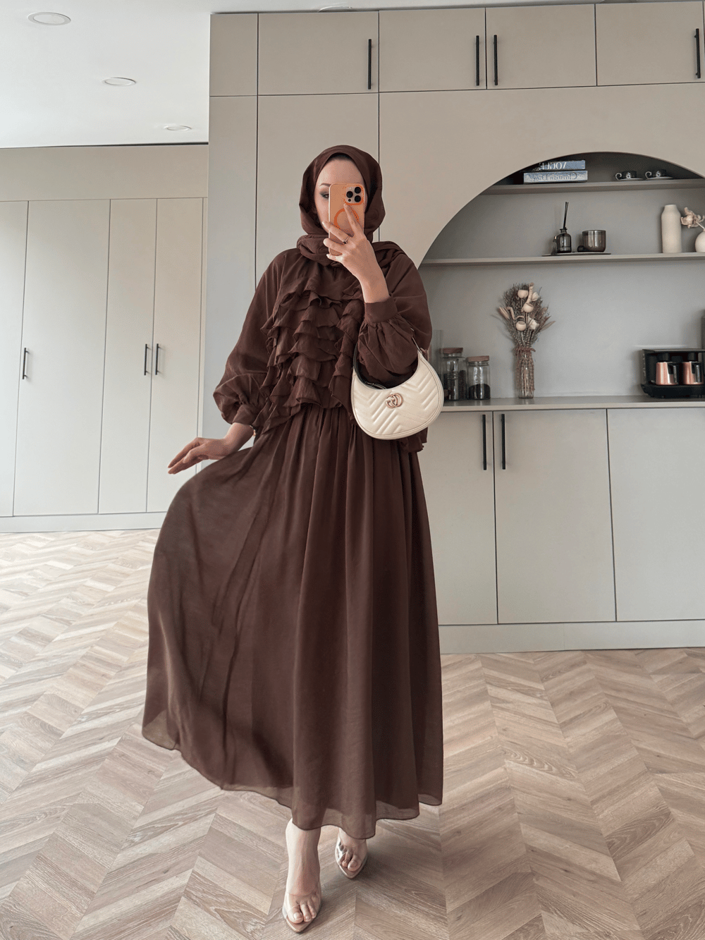 Kave Fırfırlı Etekli Takım Kahverengi (5711)