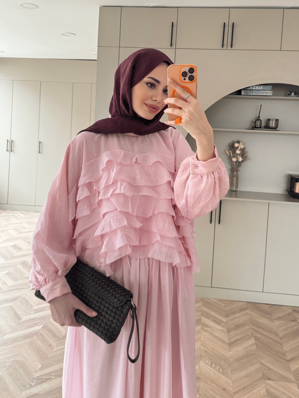 Kave Fırfırlı Etekli Takım Pembe (5711)