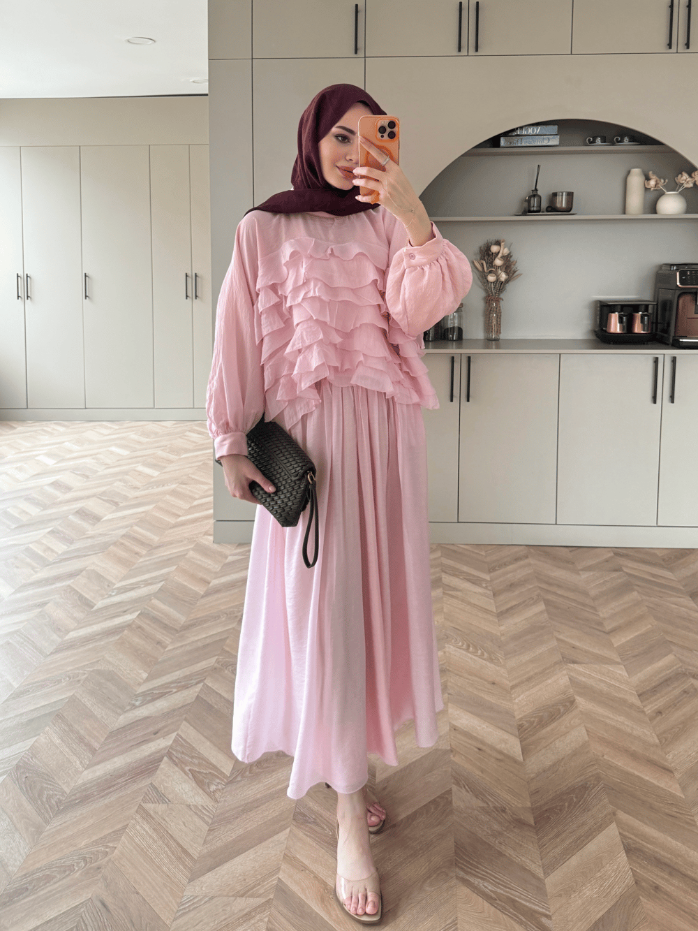 Kave Fırfırlı Etekli Takım Pembe (5711)