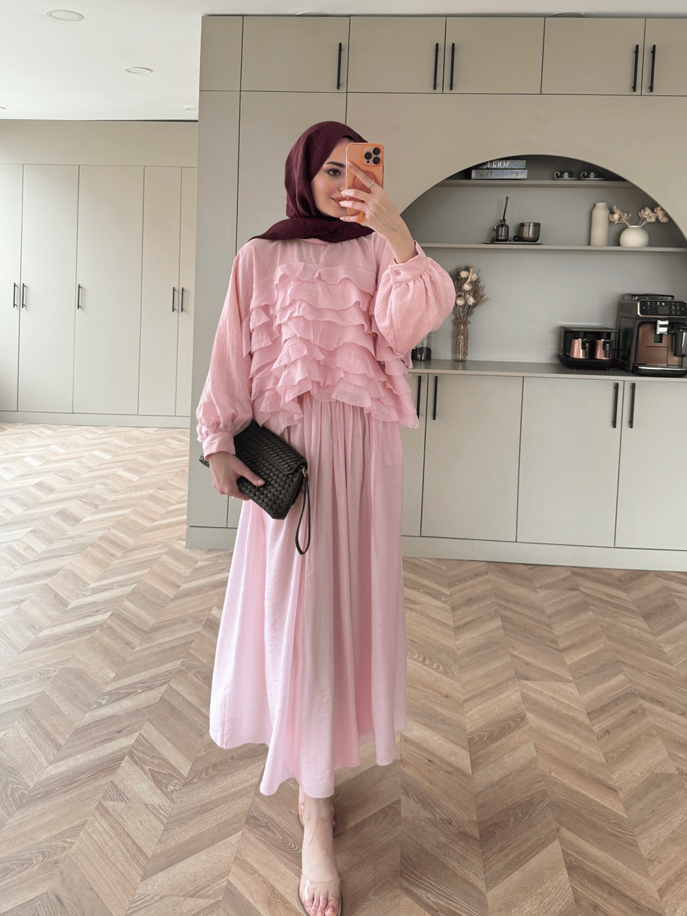 Kave Fırfırlı Etekli Takım Pembe (5711)