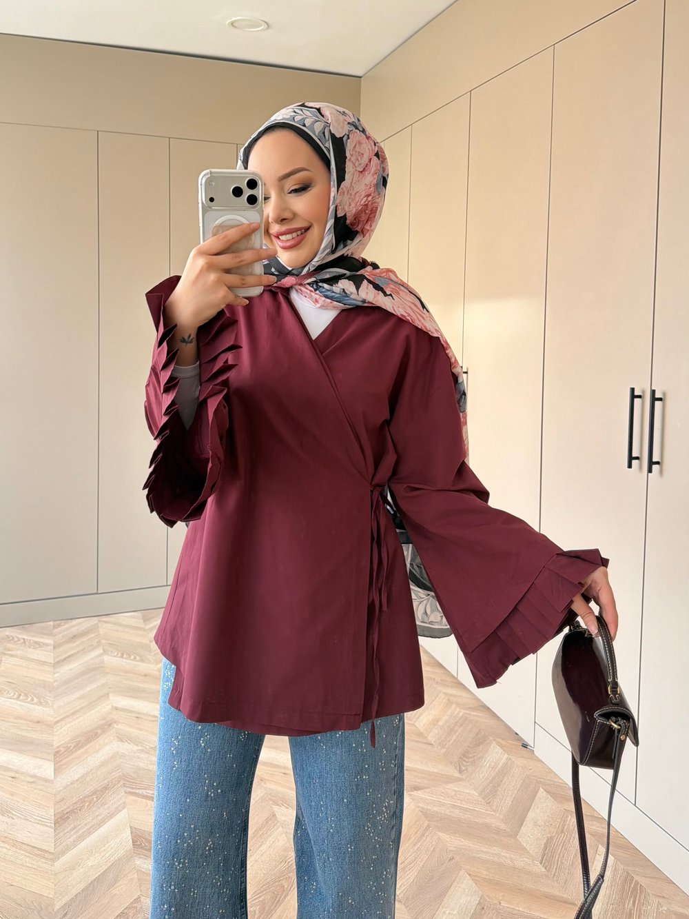 Kolu Pileli Bağlamalı Gömlek Bordo (2301)