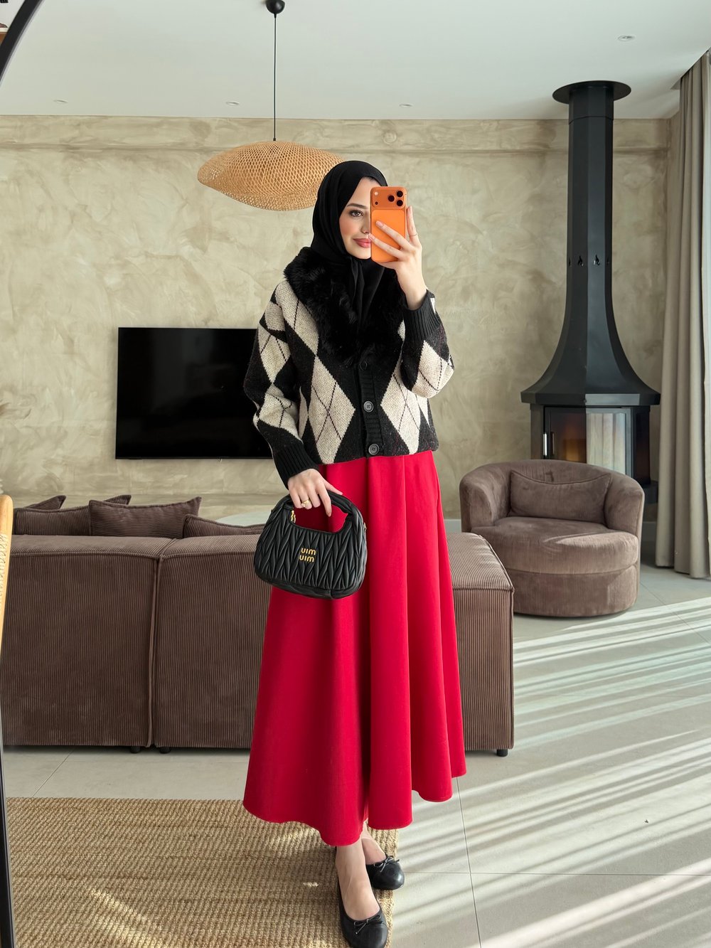 Kürk Yaka Baklava Desen Hırka Siyah (26502)