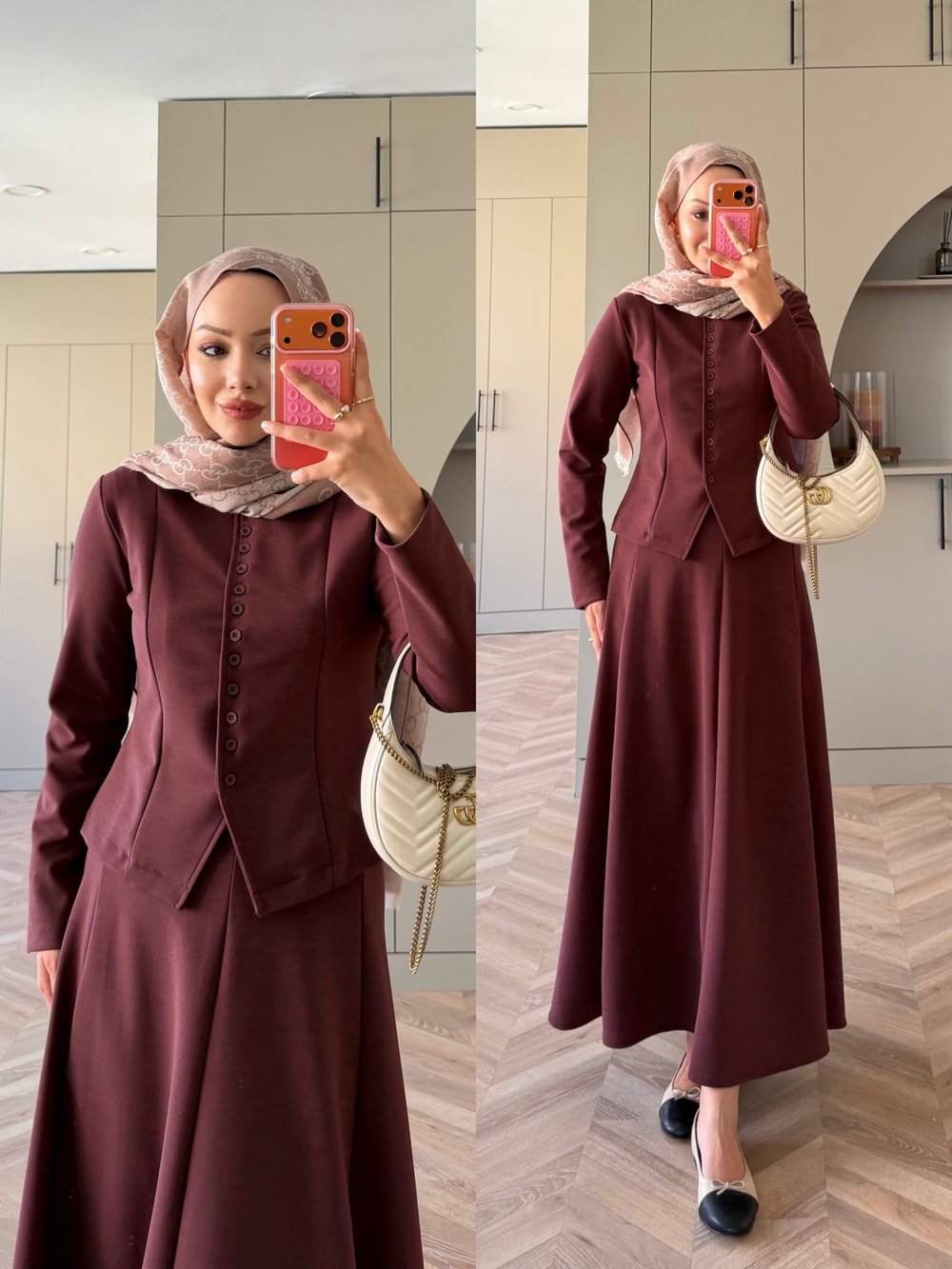 Ladin Düğmeli Etekli Takım Bordo (4565)