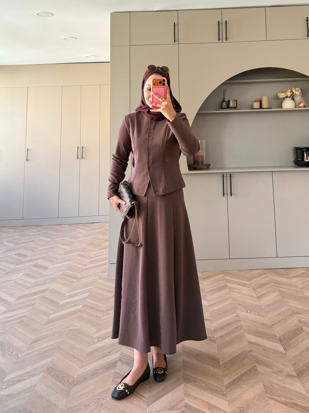 Ladin Çelik Örme Düğmeli Etekli Takım Kahve (4565)
