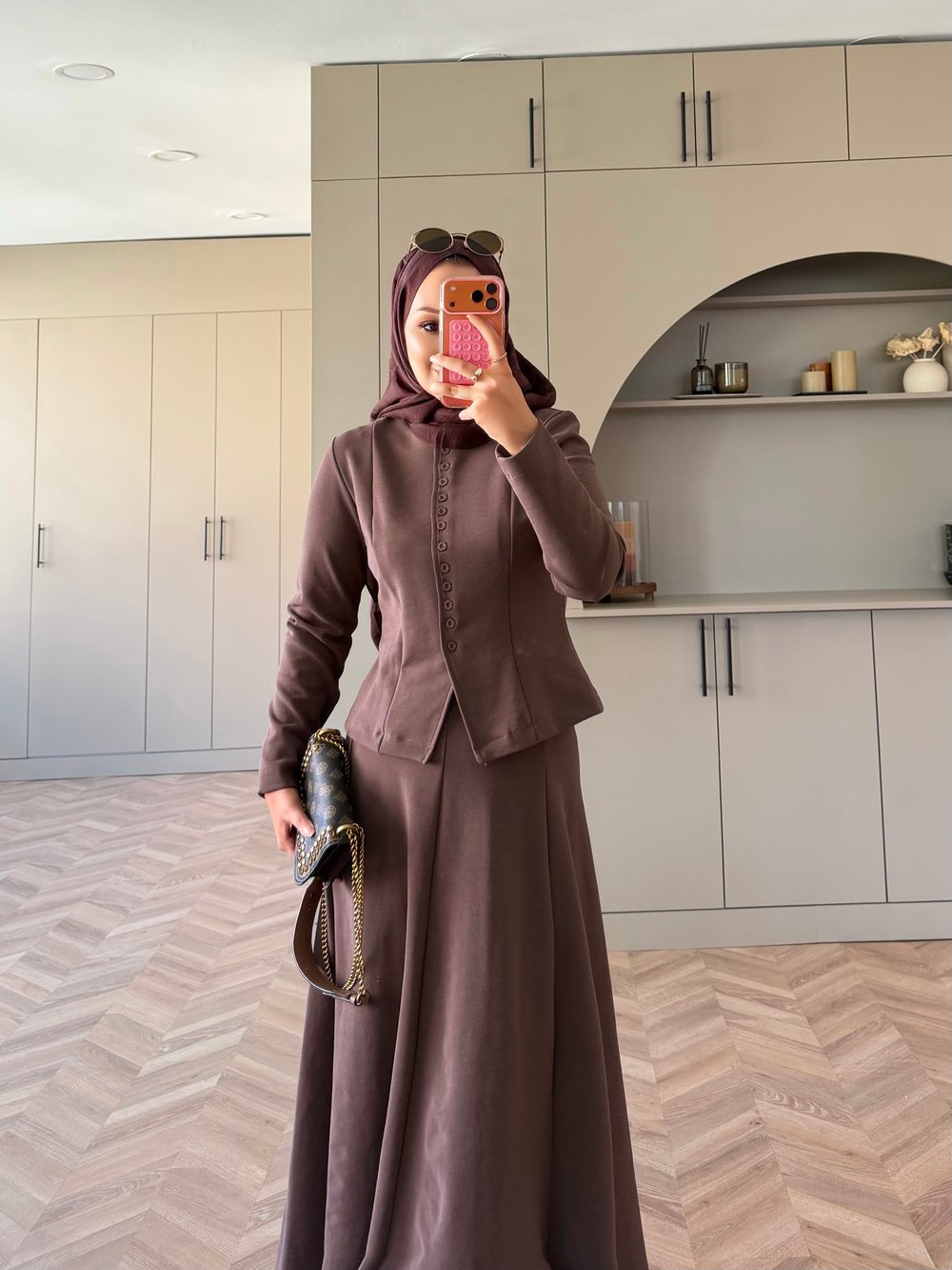 Ladin Çelik Örme Düğmeli Etekli Takım Kahve (4565)