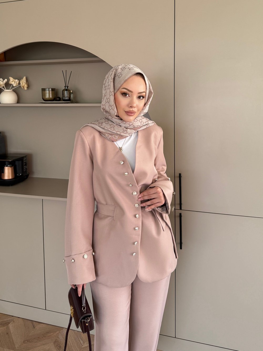 Luser Düğme Detaylı Ceket Takım Vizon