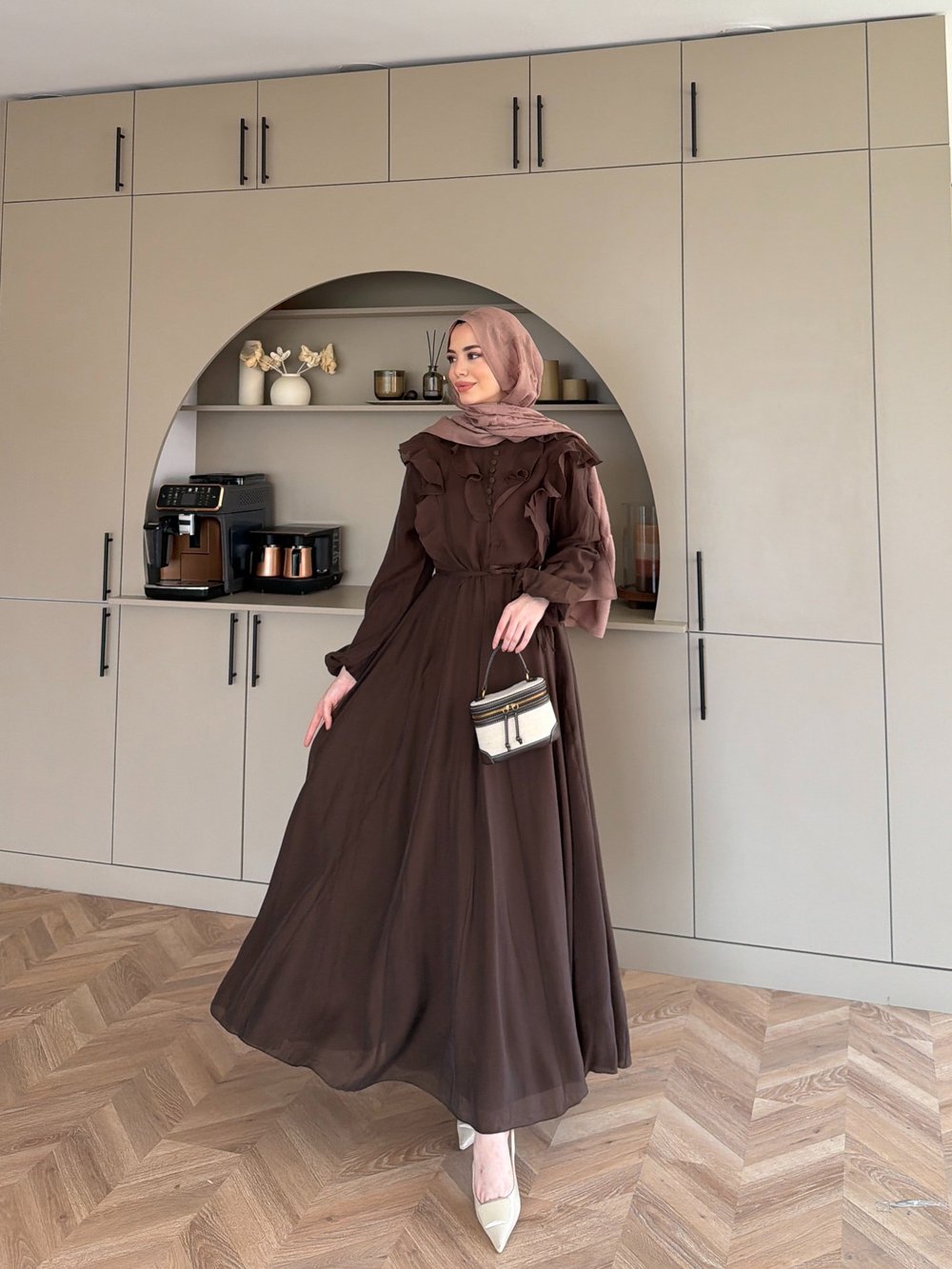 Lushe Fırfır Detaylı Elbise Kahve (26169)