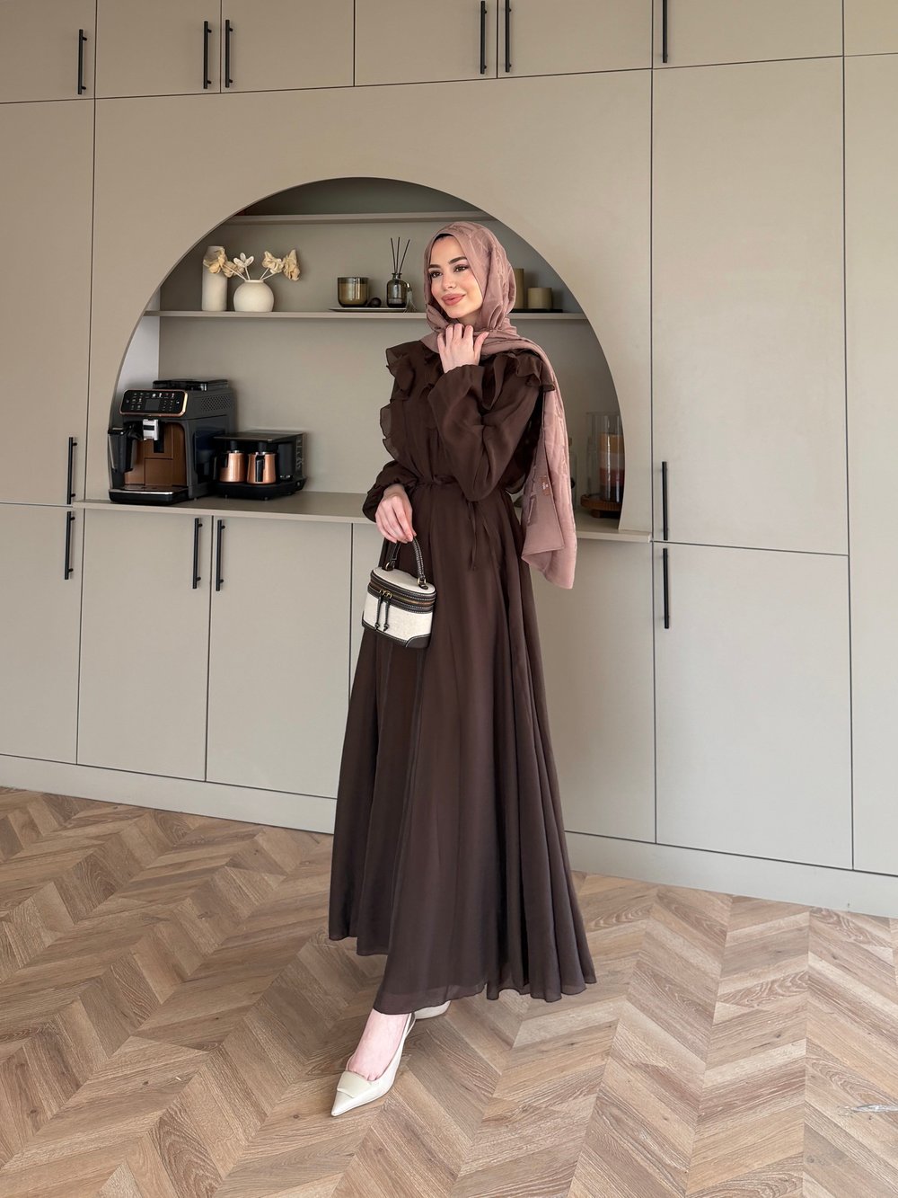 Lushe Fırfır Detaylı Elbise Kahve (26169)