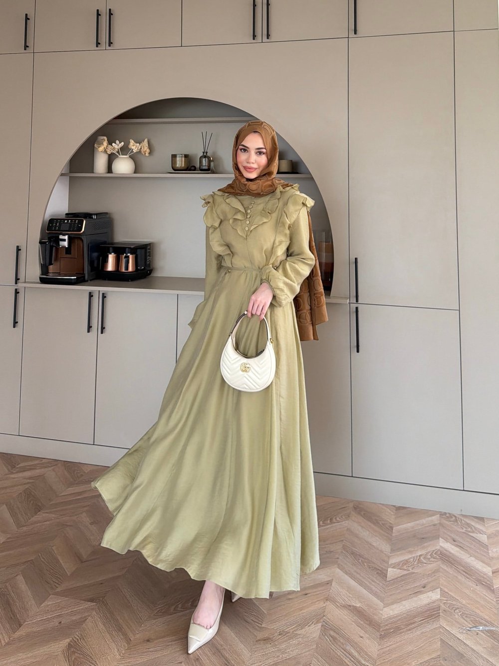Lushe Fırfır Detaylı Elbise Yağ Yeşili (26169)