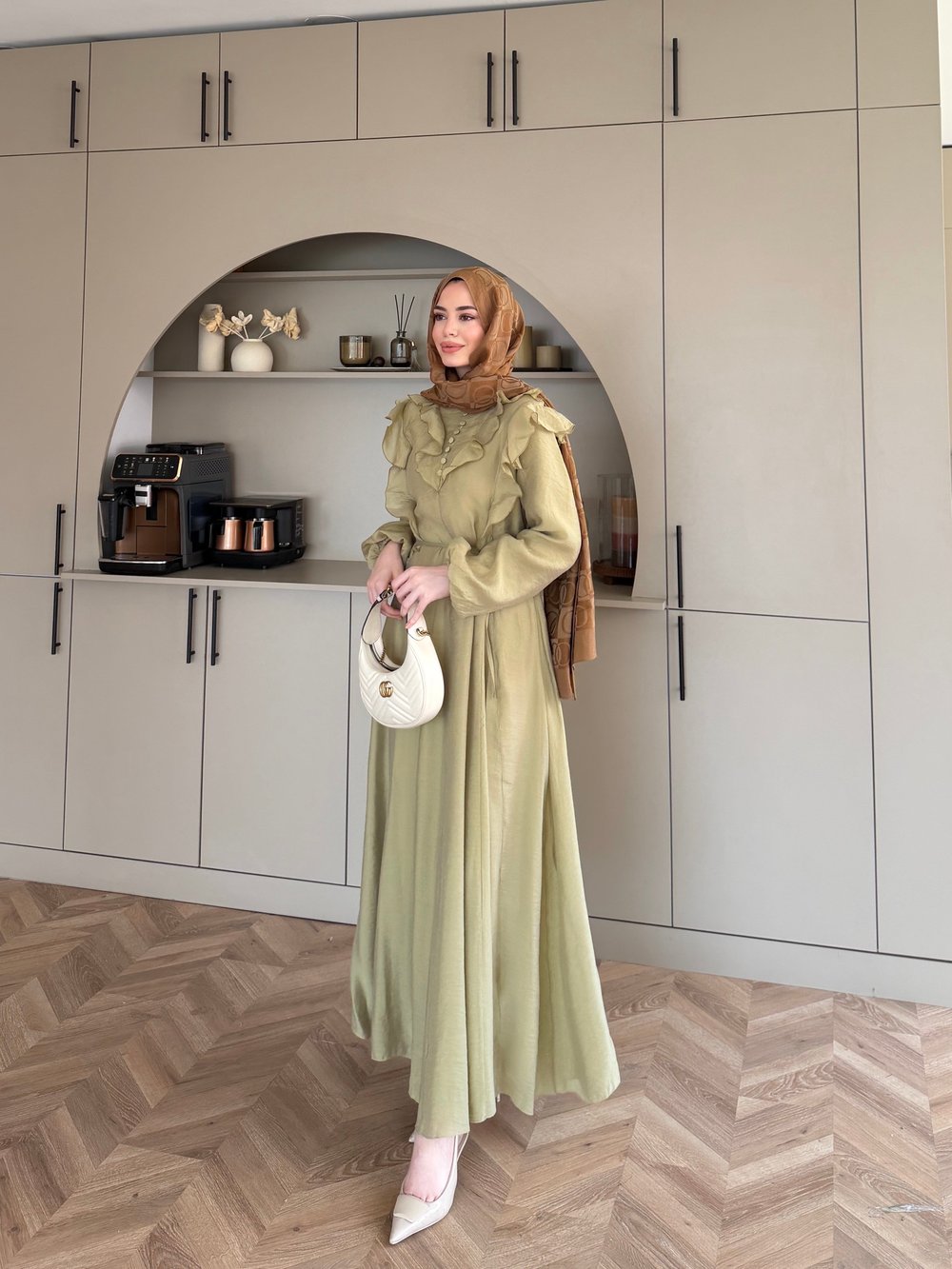 Lushe Fırfır Detaylı Elbise Yağ Yeşili (26169)