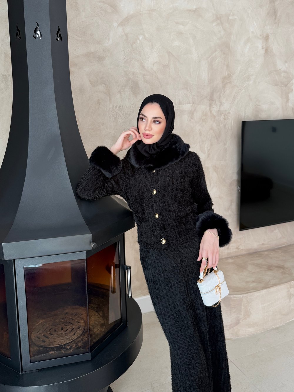 Maray Kürk Detaylı Triko Etekli Takım Siyah (8937)