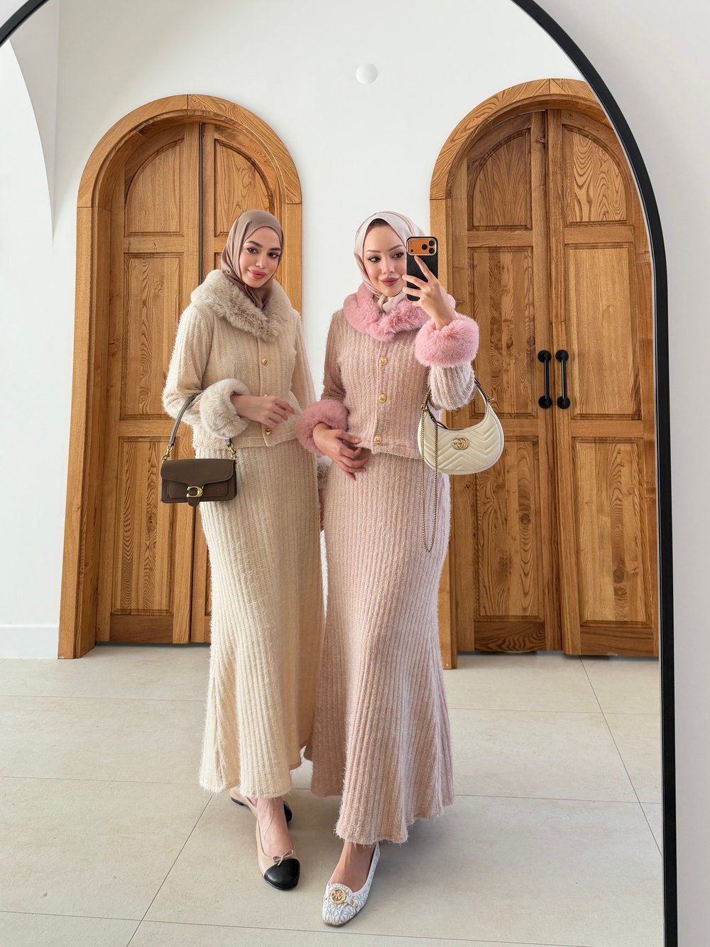 Maray Kürk Detaylı Triko Etekli Takım Pembe (8937)