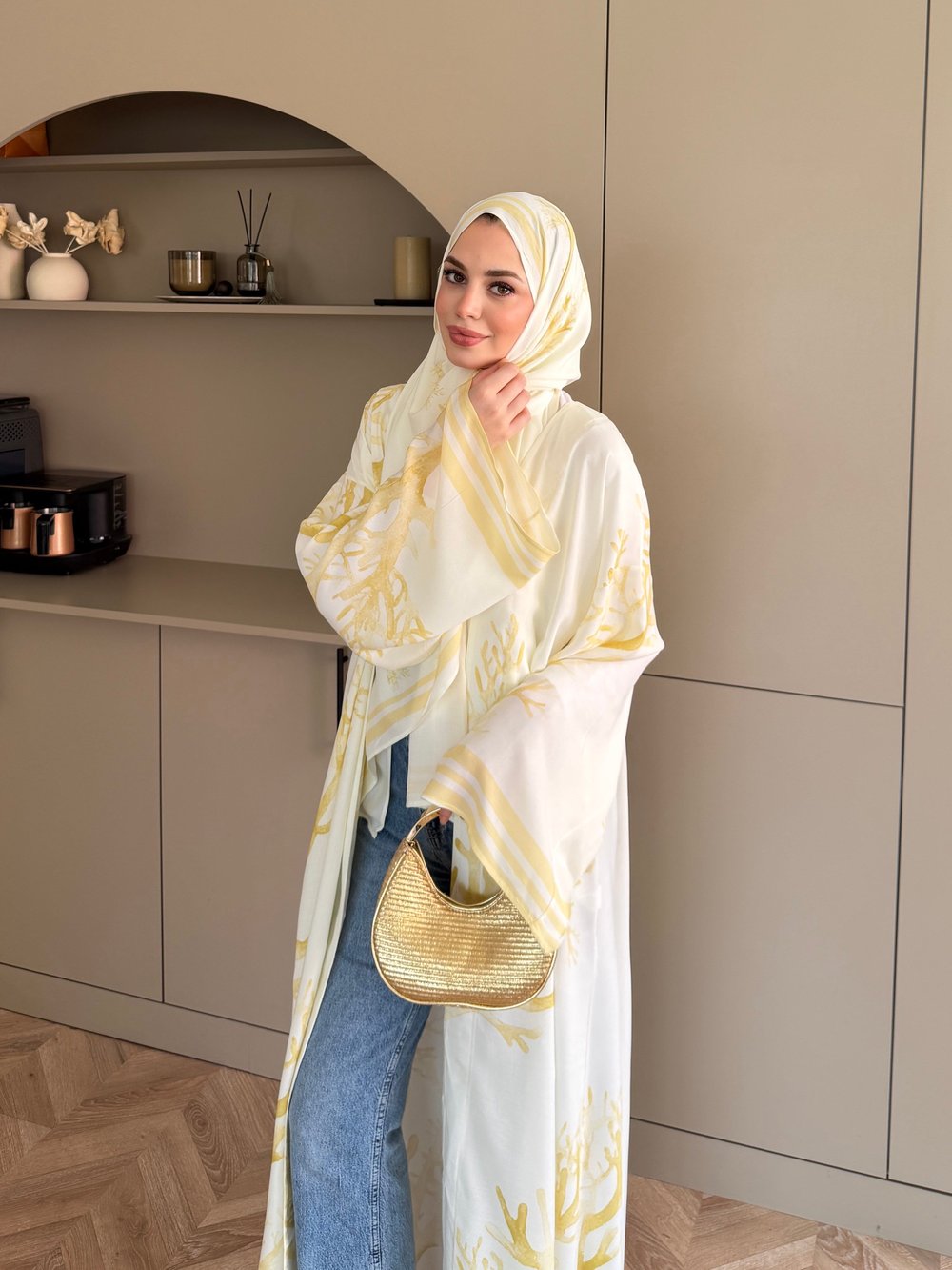 Mercan Desen Şallı Kimono/Abaya ButterYellow (1082)