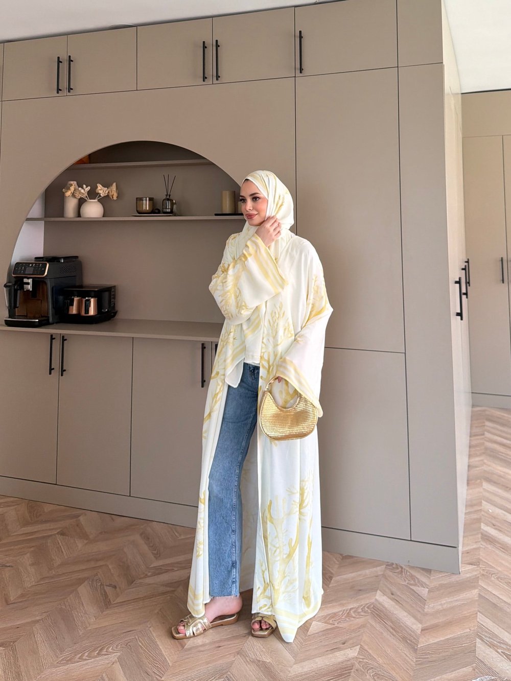 Mercan Desen Şallı Kimono/Abaya ButterYellow (1082)