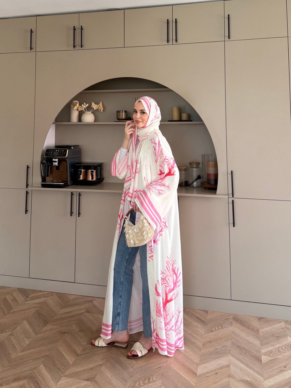 Mercan Desen Şallı Kimono/Abaya Pembe (1082)