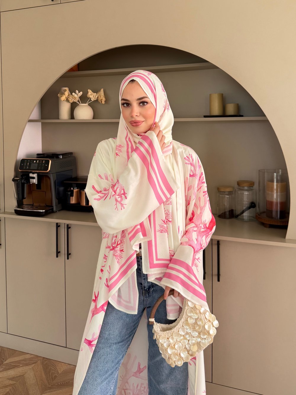 Mercan Desen Şallı Kimono/Abaya Pembe (1082)