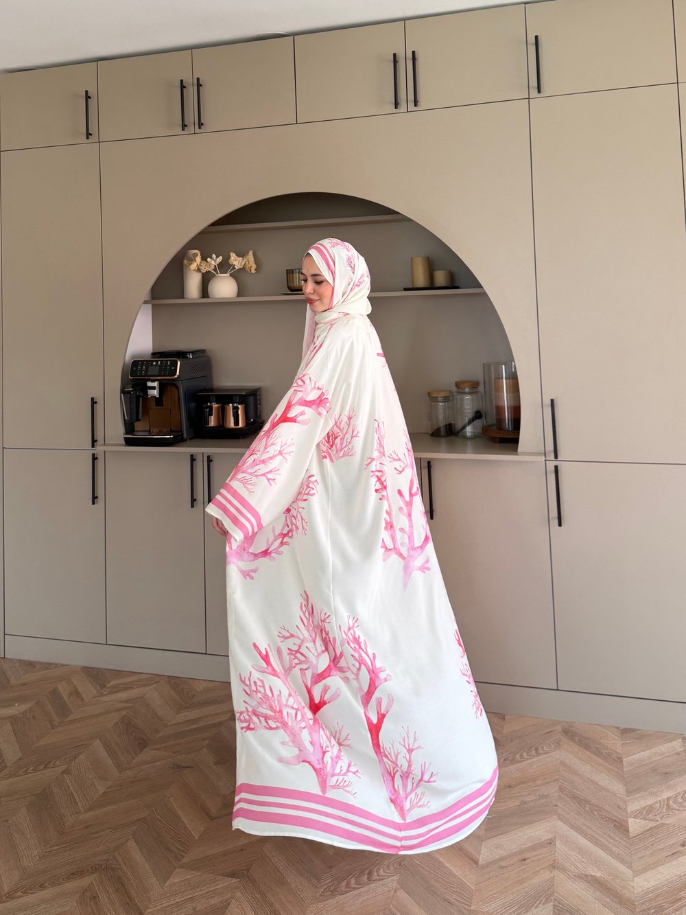 Mercan Desen Şallı Kimono/Abaya Pembe (1082)