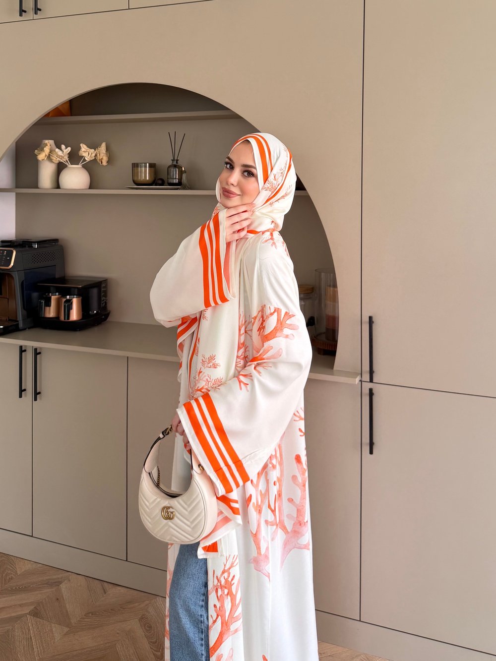 Mercan Desen Şallı Kimono/Abaya Turuncu (1082)