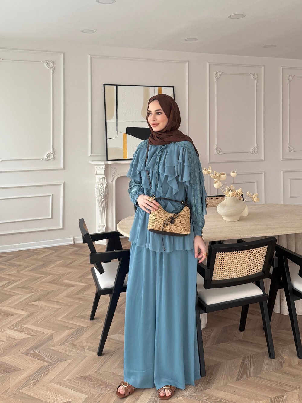 Mollis Fırfırlı Pantolon Takım Mavi (3040)