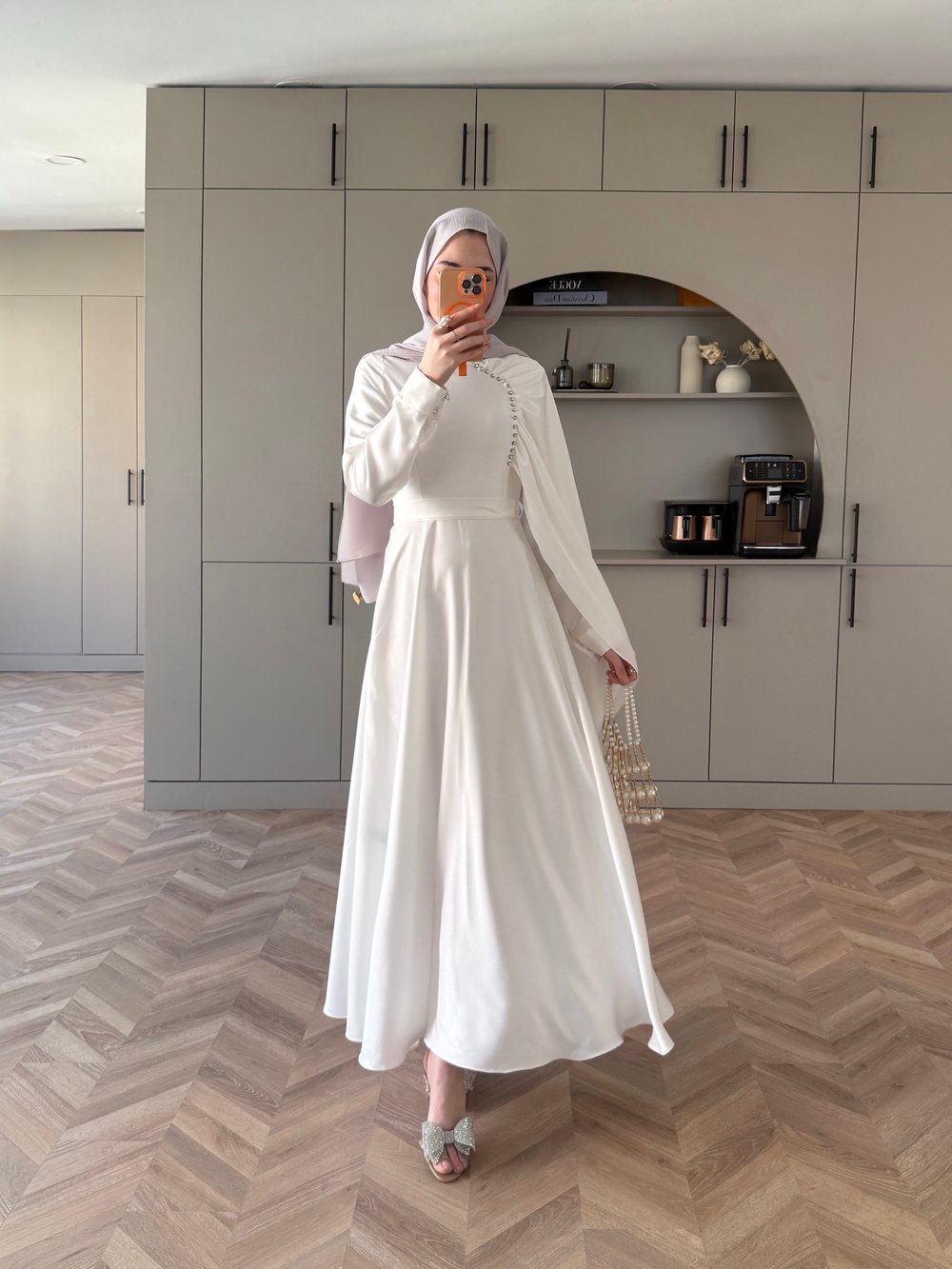 Nalia Şal Detaylı Saten Elbise Beyaz (26079) 