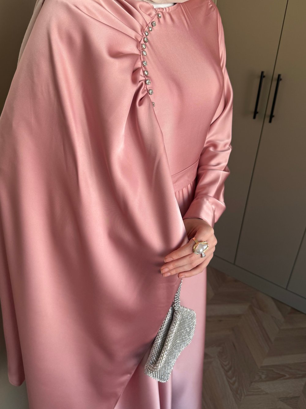 Nalia Şal Detaylı Saten Elbise Gül Kurusu (26079)