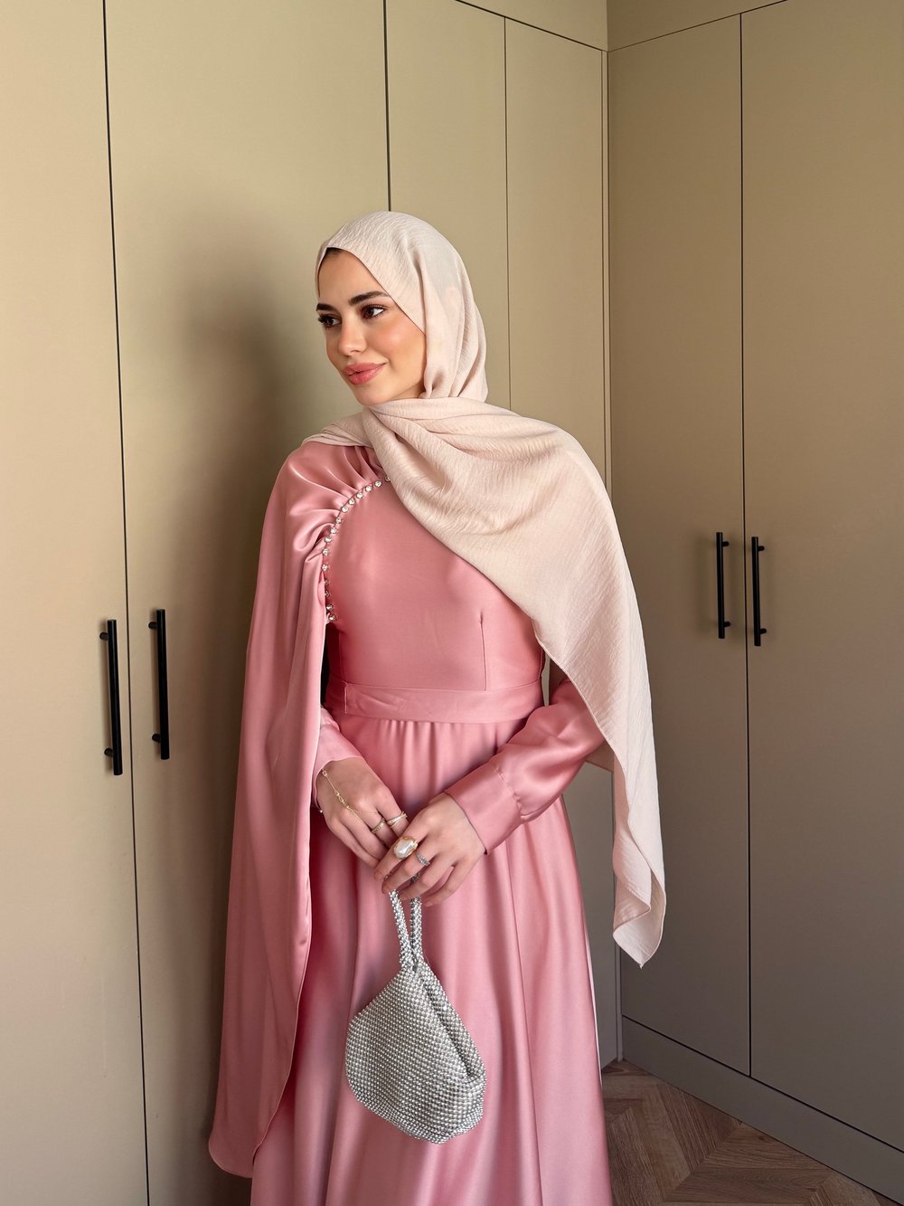 Nalia Şal Detaylı Saten Elbise Gül Kurusu (26079)