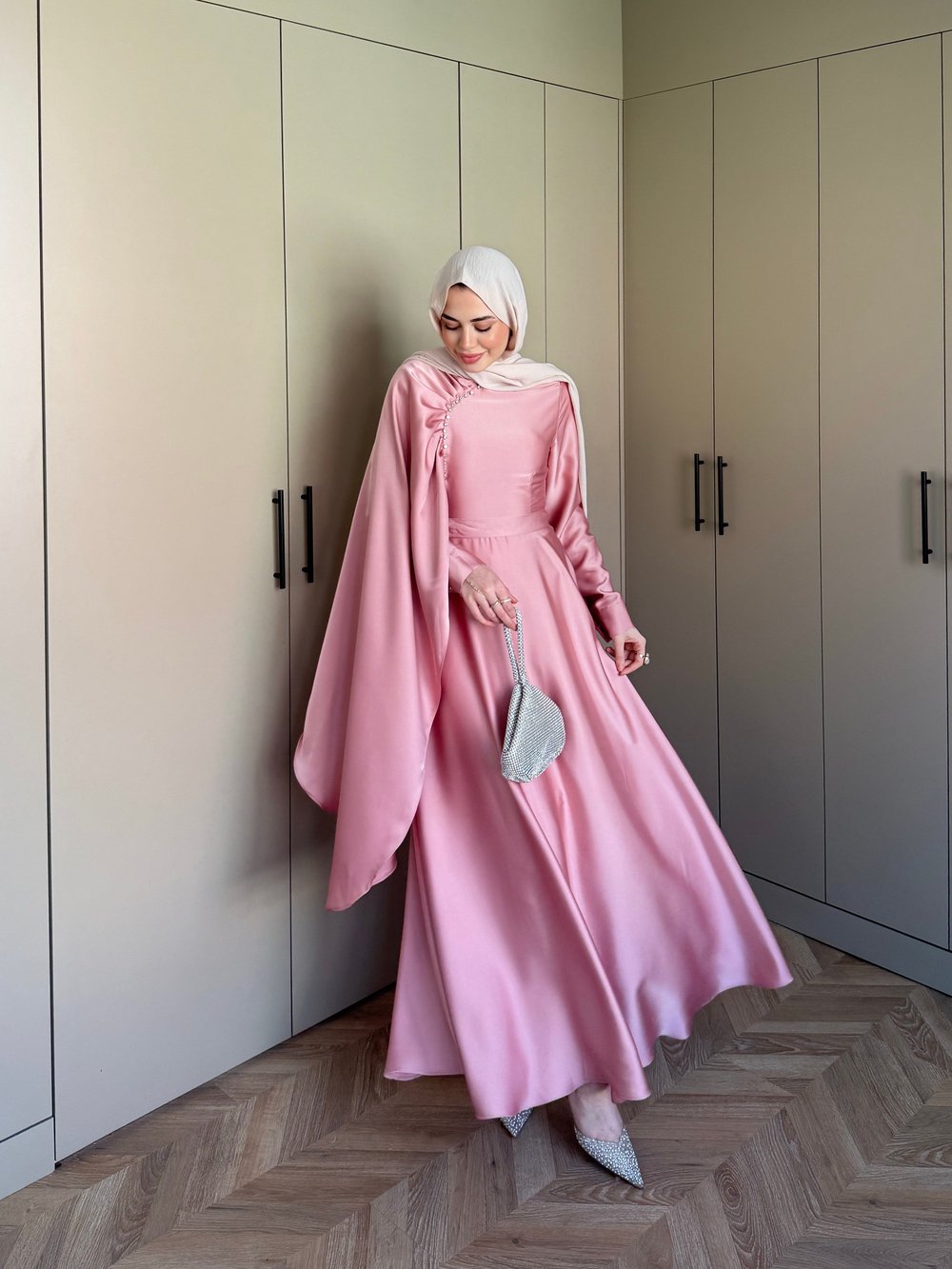 Nalia Şal Detaylı Saten Elbise Gül Kurusu (26079)
