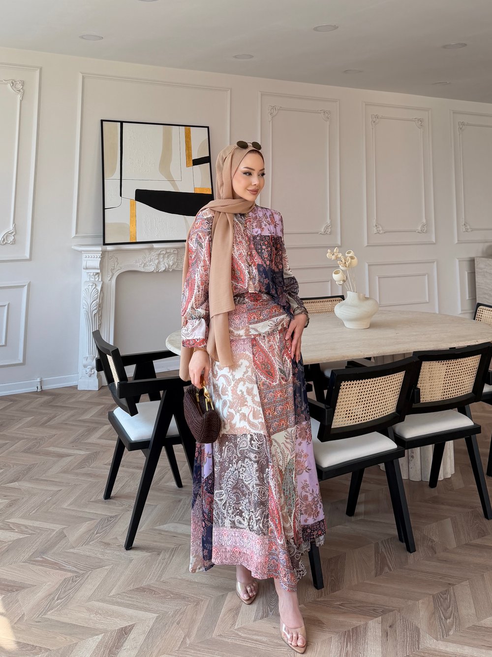 Nell Şal Desen Etekli Takım Pembe (5757)