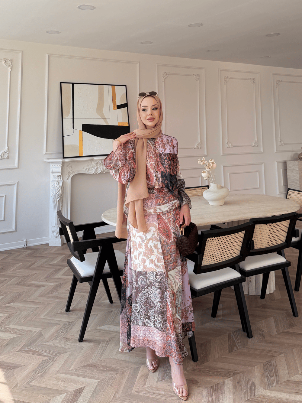 Nell Şal Desen Etekli Takım Pembe (5757)