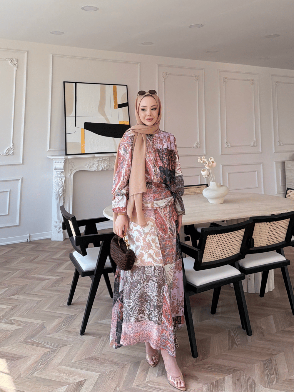 Nell Şal Desen Etekli Takım Pembe (5757)