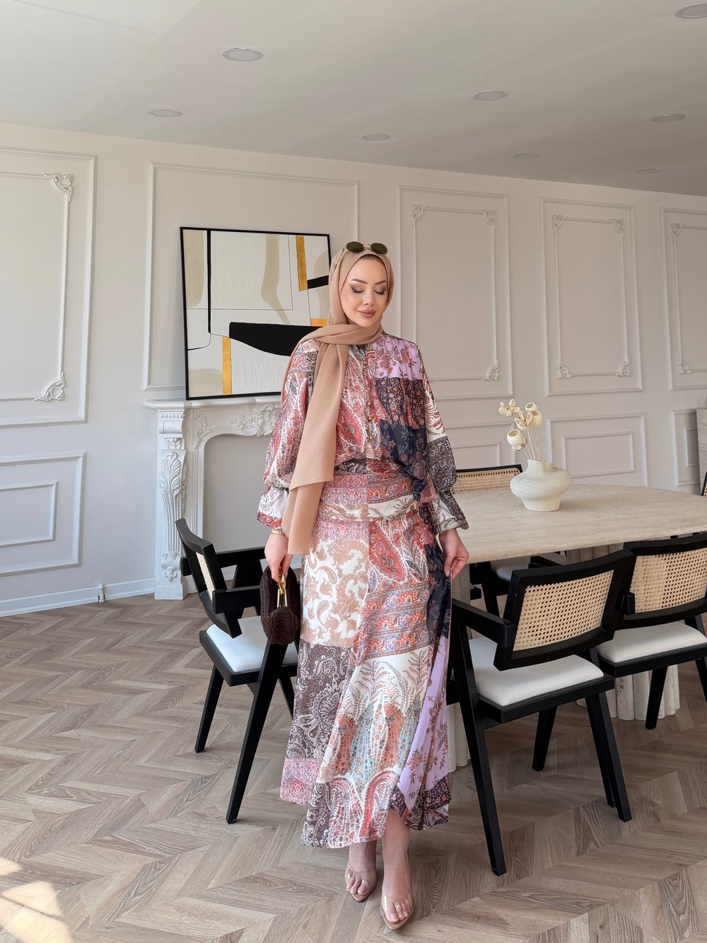 Nell Şal Desen Etekli Takım Pembe (5757)