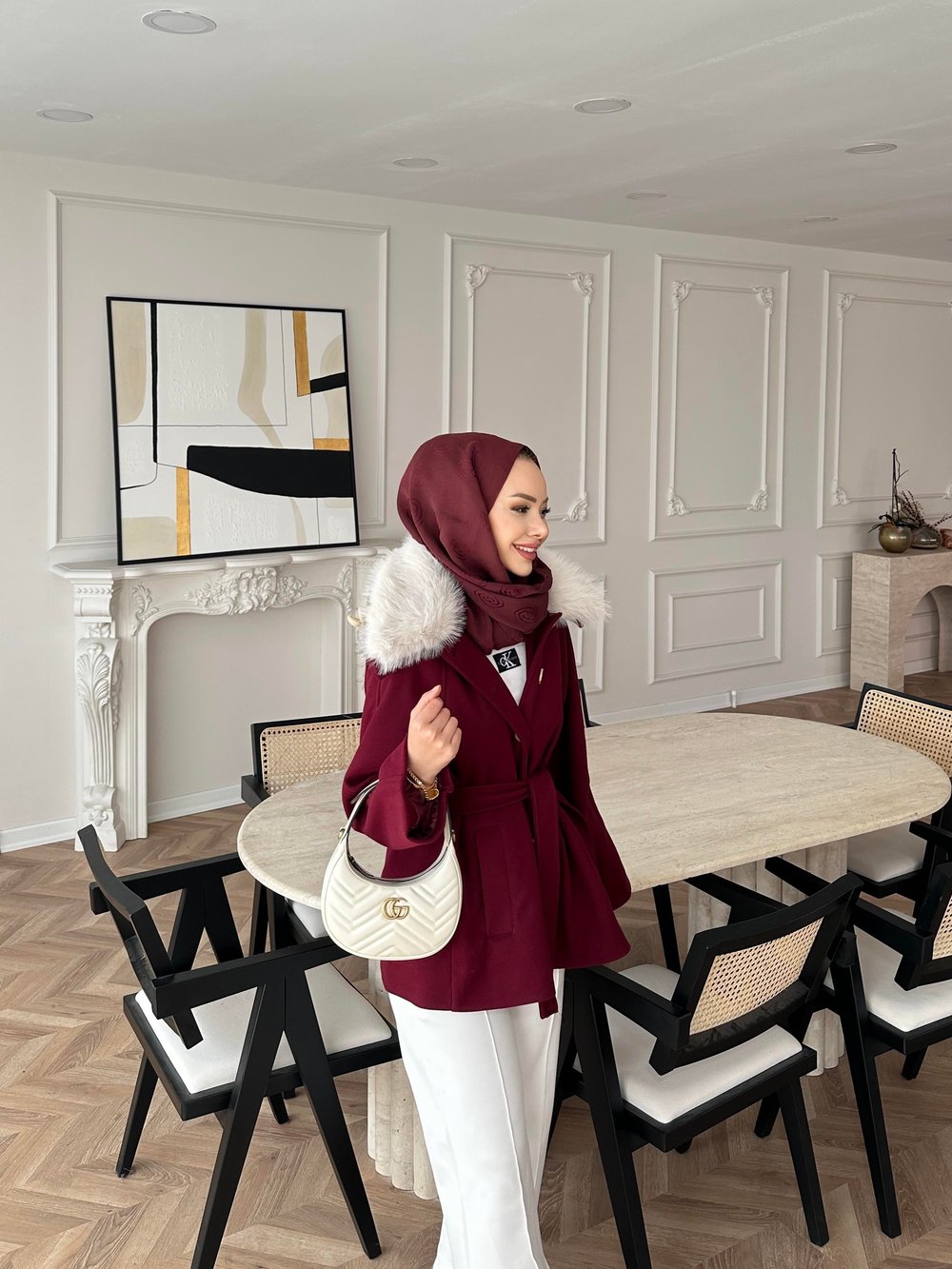 Nisse Kürk Detaylı Kaban Bordo
