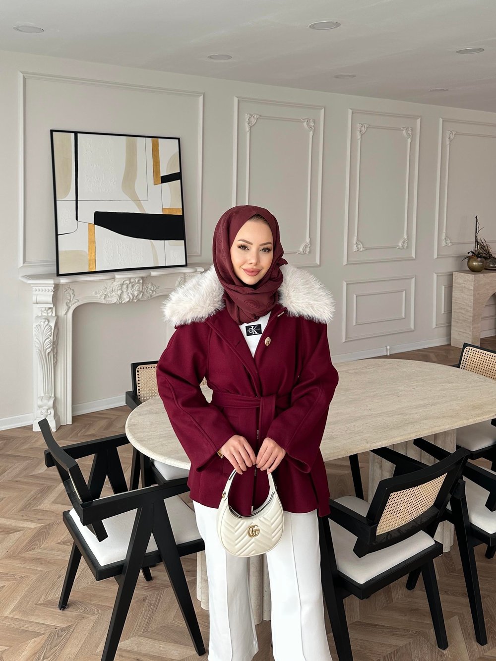 Nisse Kürk Detaylı Kaban Bordo