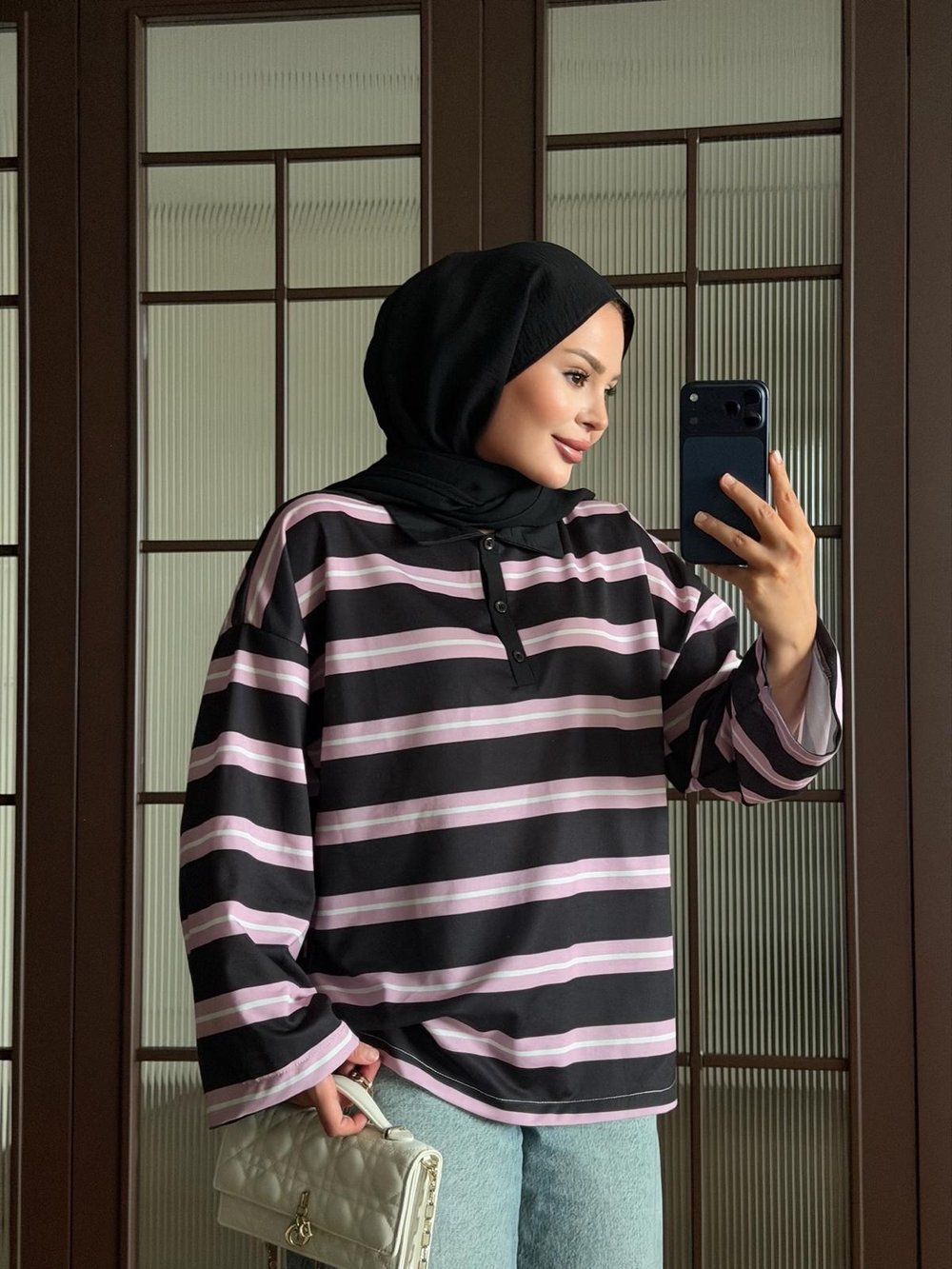 Nocay Polo Yaka Çizgili Sweat Pembe (7045)