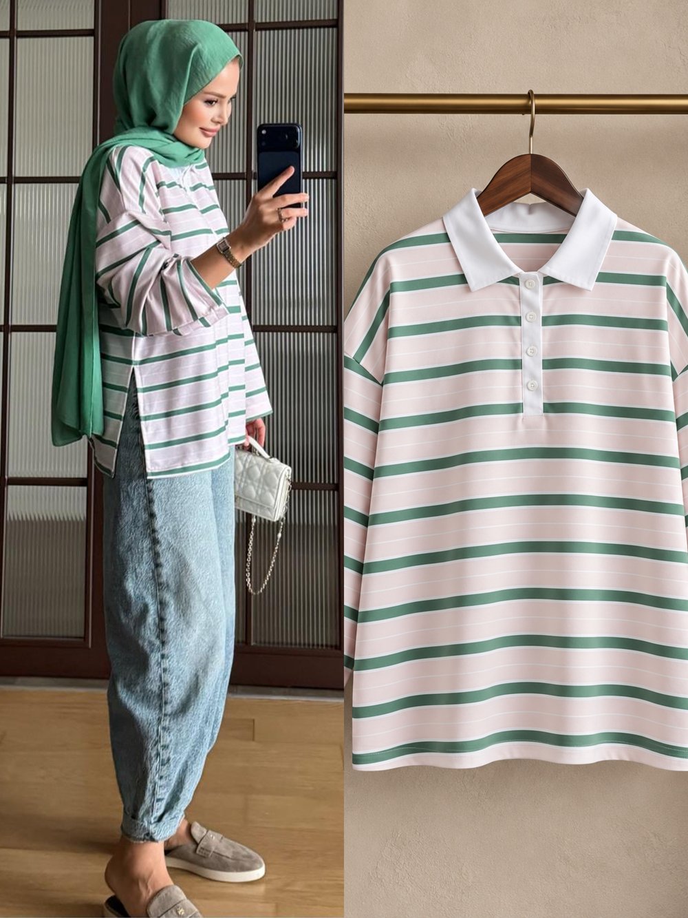 Nocay Polo Yaka Çizgili Sweat Yeşil (7045)