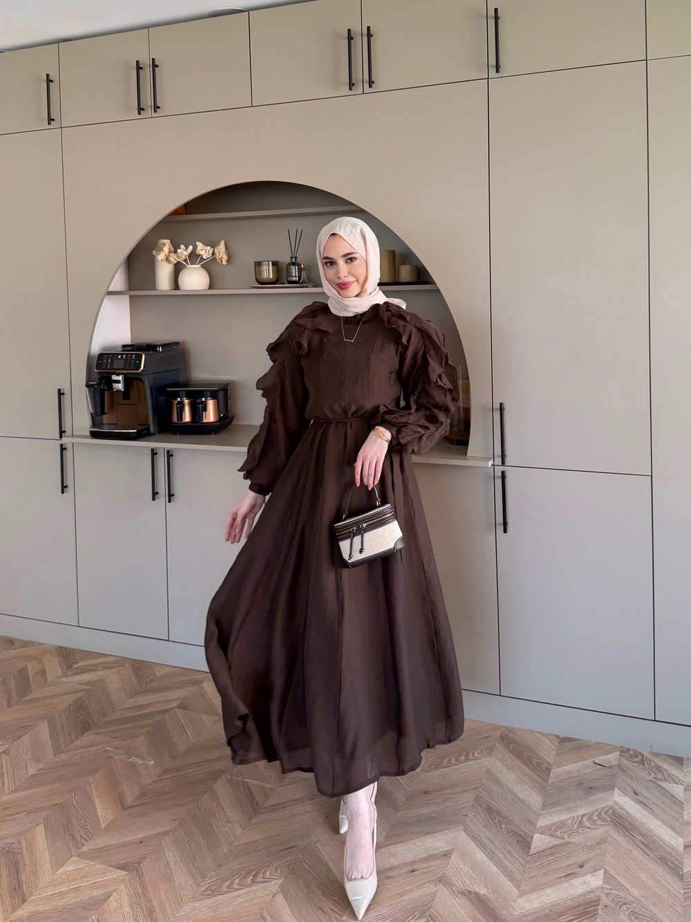 Nura Fırfır Detaylı Elbise Acı Kahve (4481)