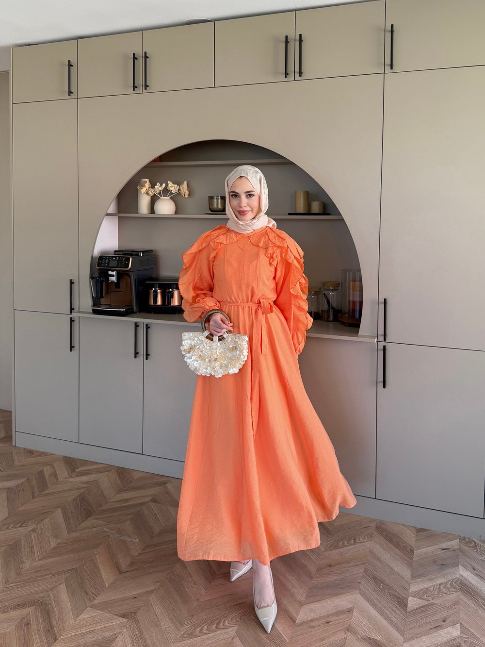 Nura Fırfır Detaylı Elbise Turuncu (4481)