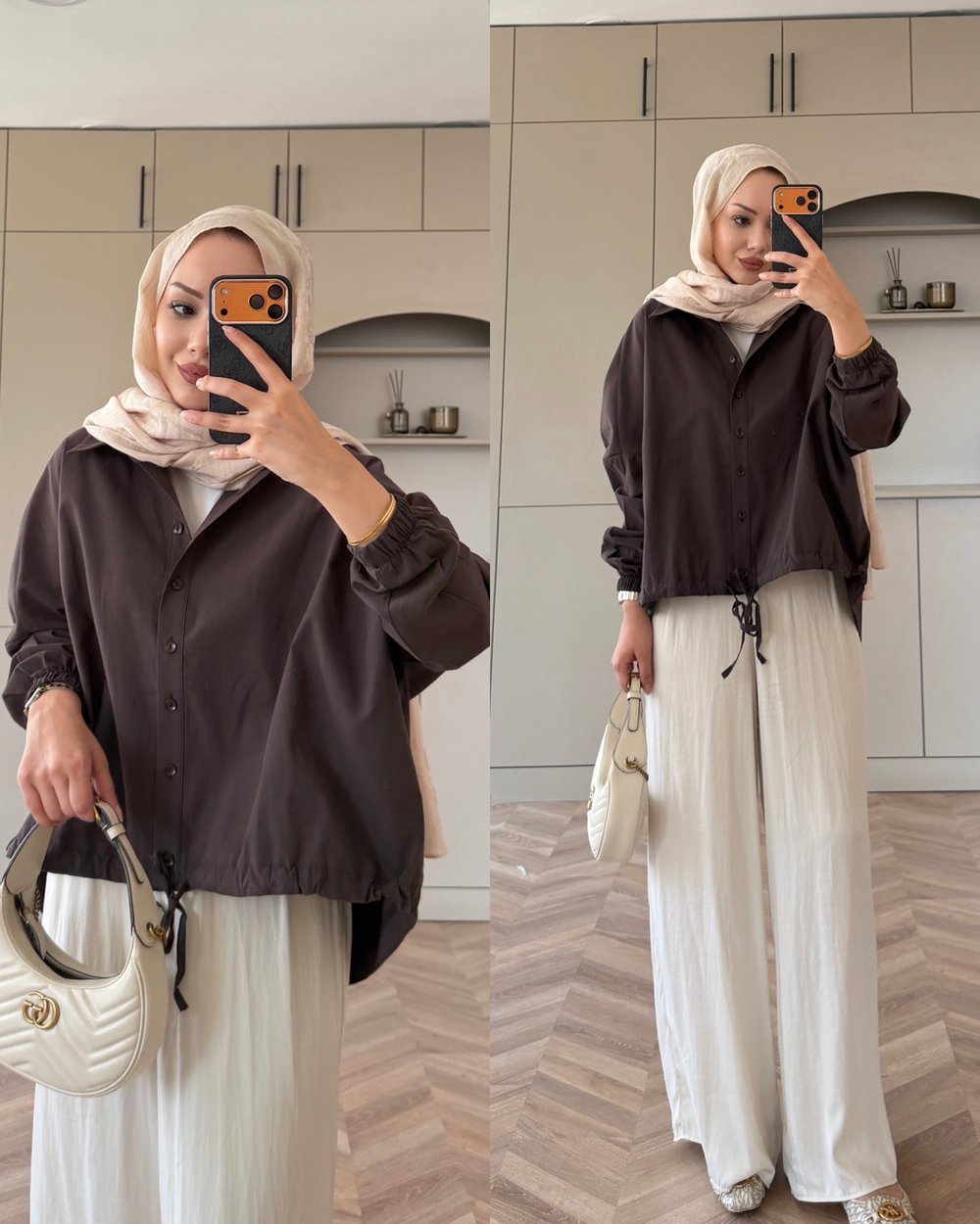 Oversize Büzgülü Gömlek Kahve (4530)
