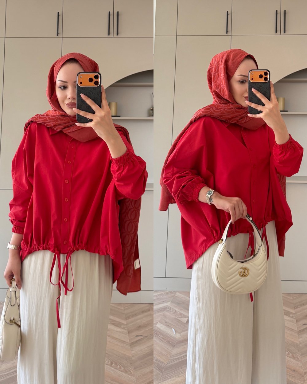 Oversize Büzgülü Gömlek Kırmızı (4530)