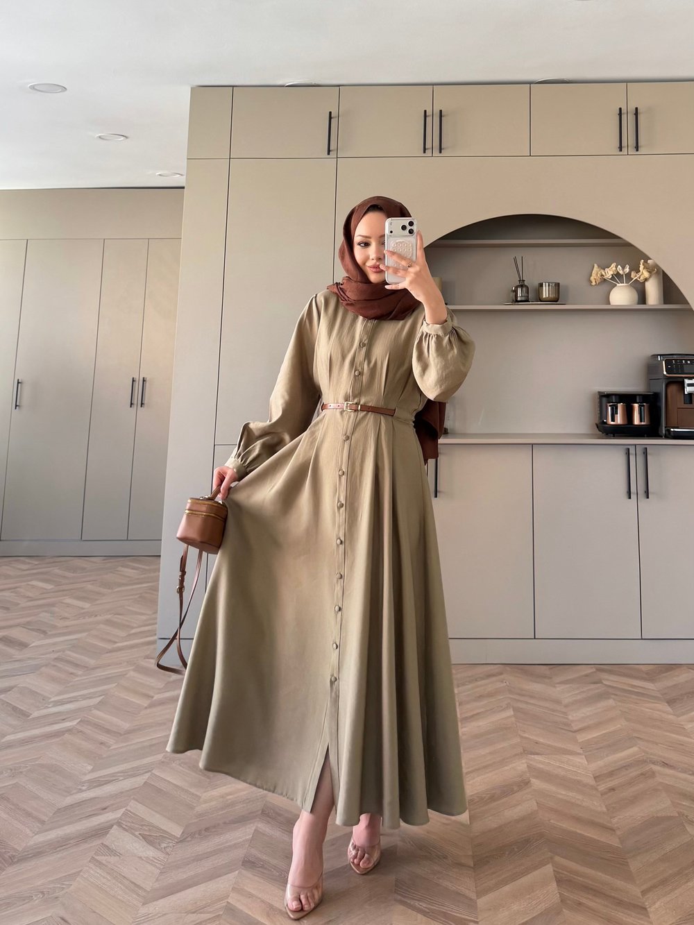 Perla Kemerli Elbise Haki 