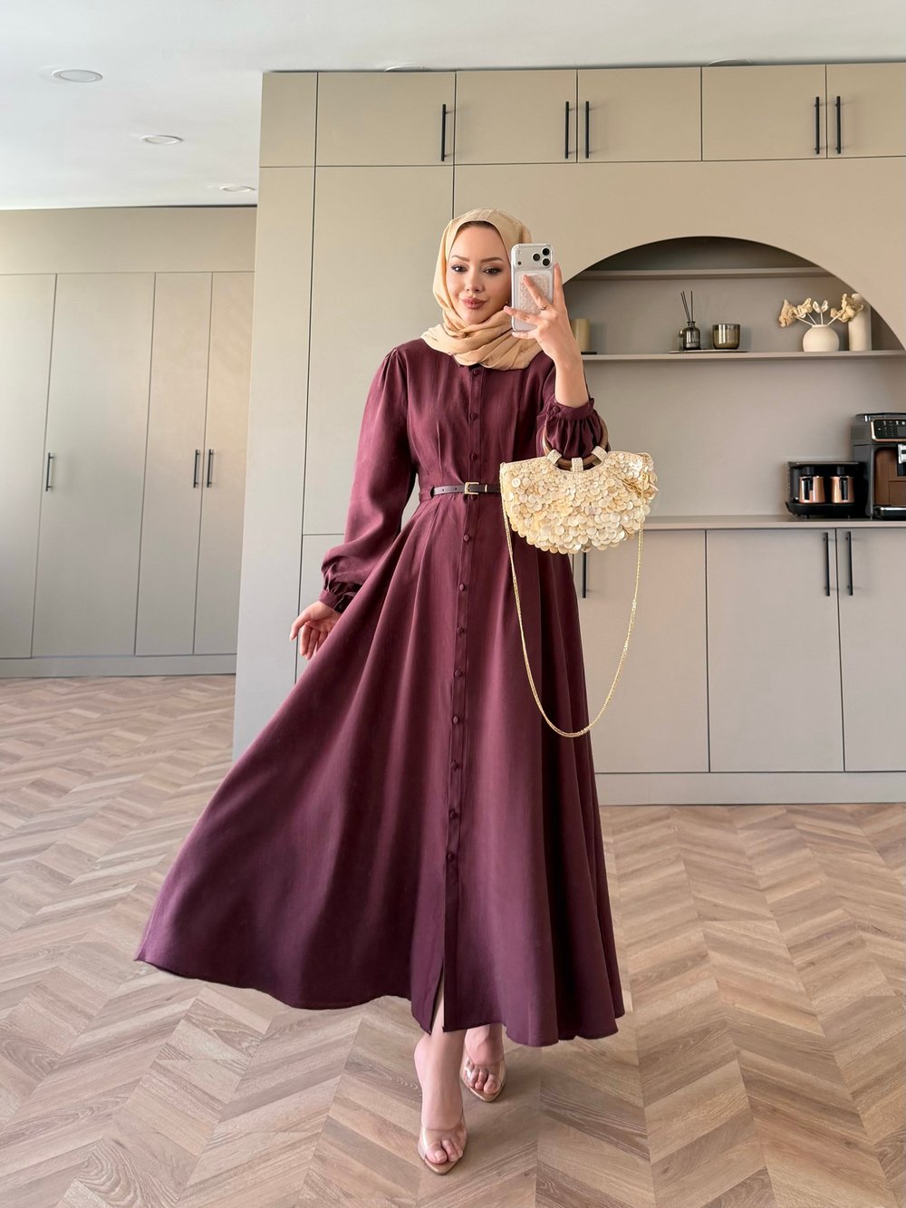 Perla Kemerli Elbise Mürdüm 