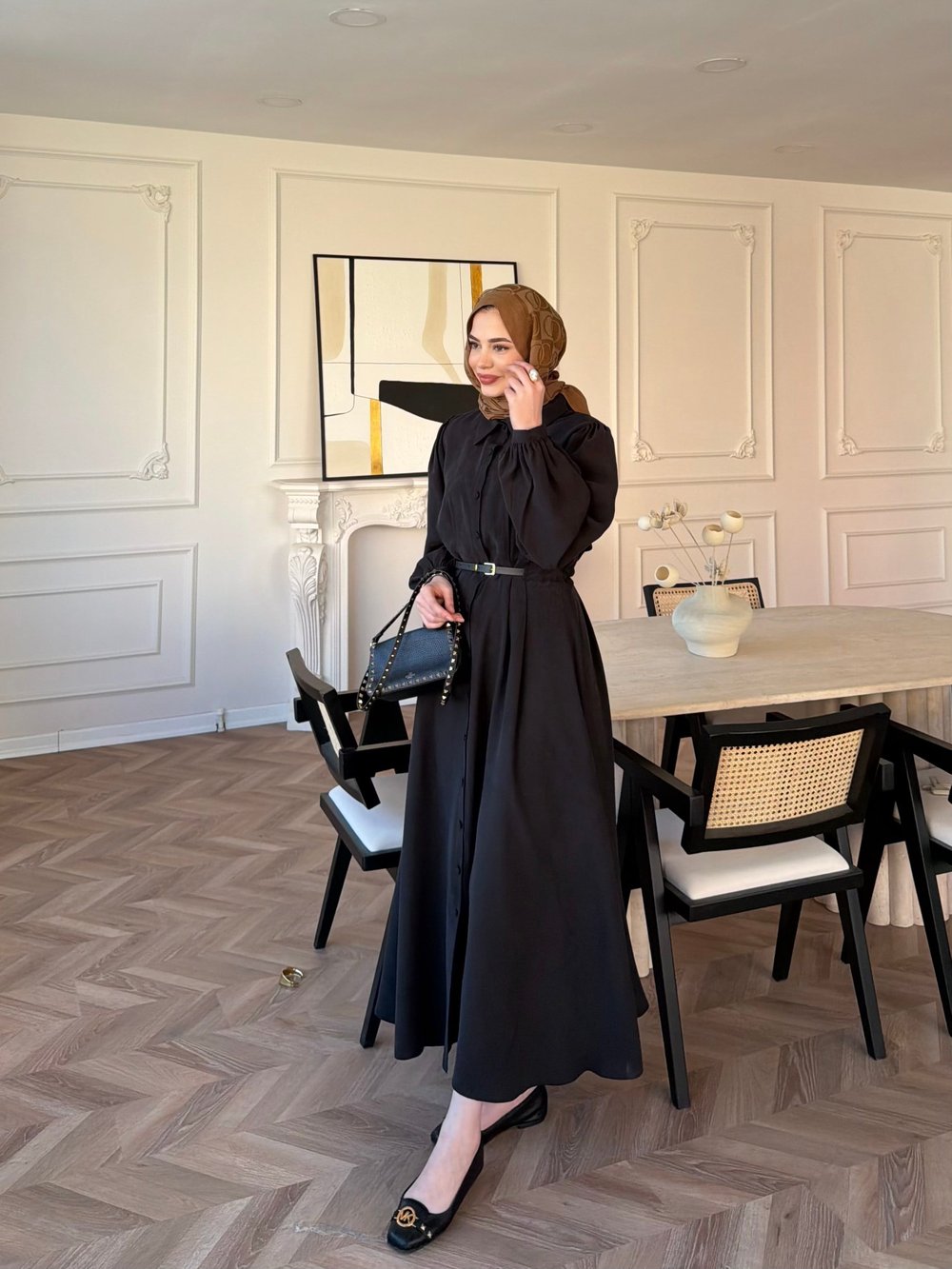 Perla Kemerli Elbise Siyah 