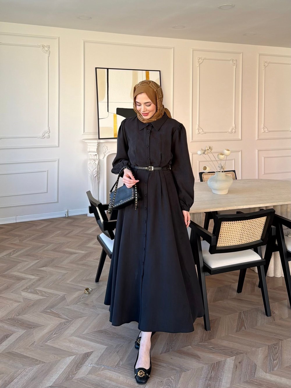 Perla Kemerli Elbise Siyah 