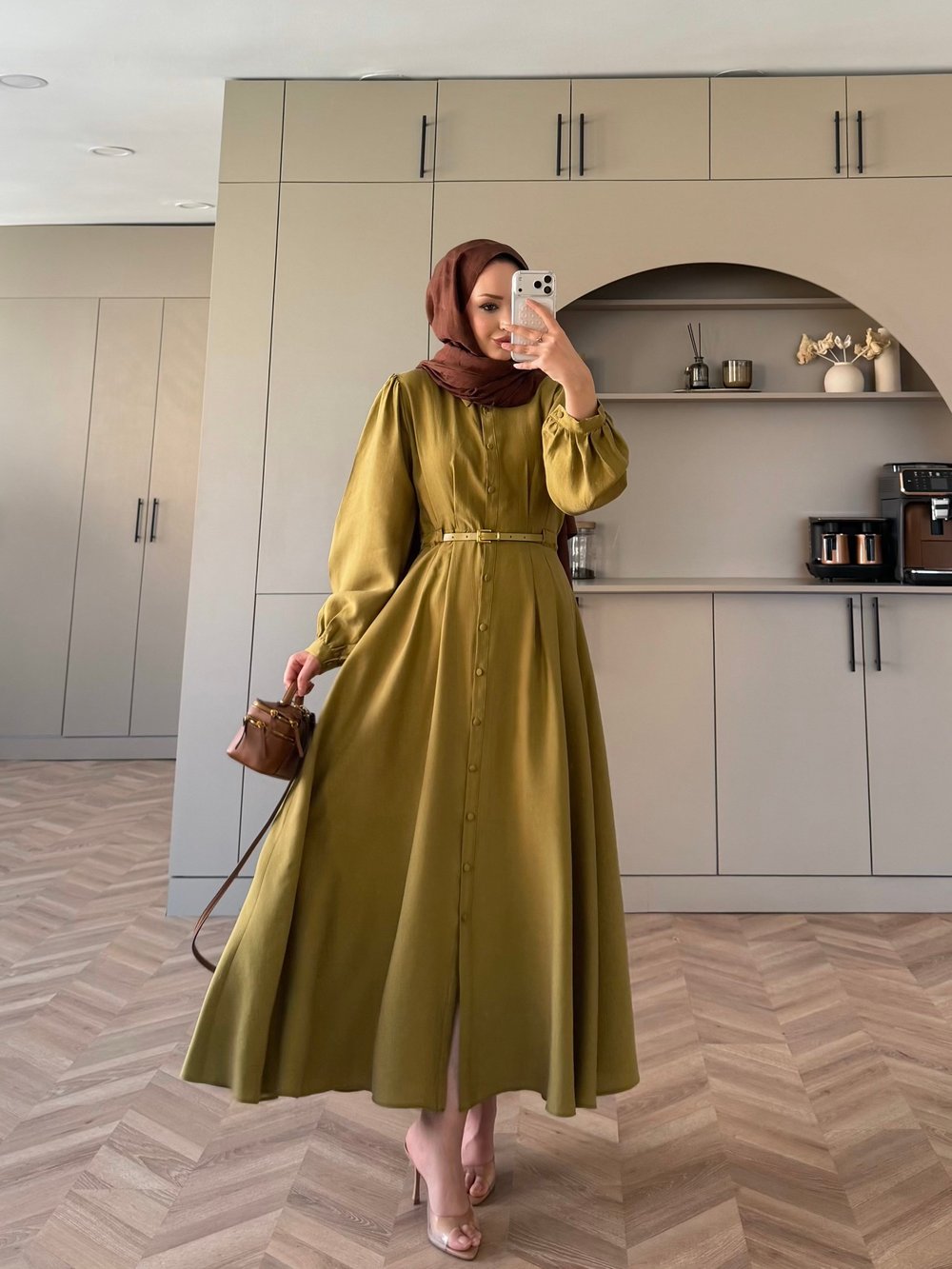 Perla Kemerli Elbise Yağ Yeşili 