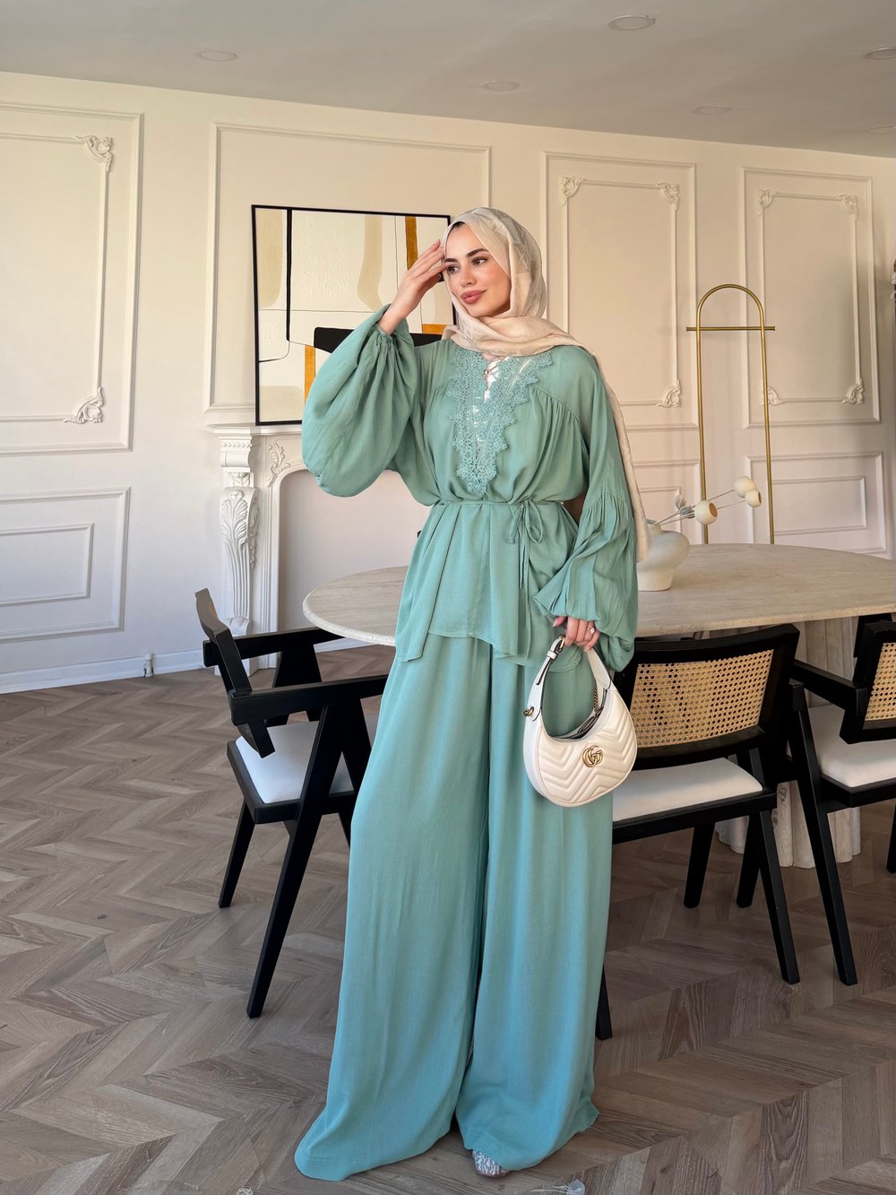 Pure Dantel Detaylı Pantolon Takım Su Yeşili (5819)