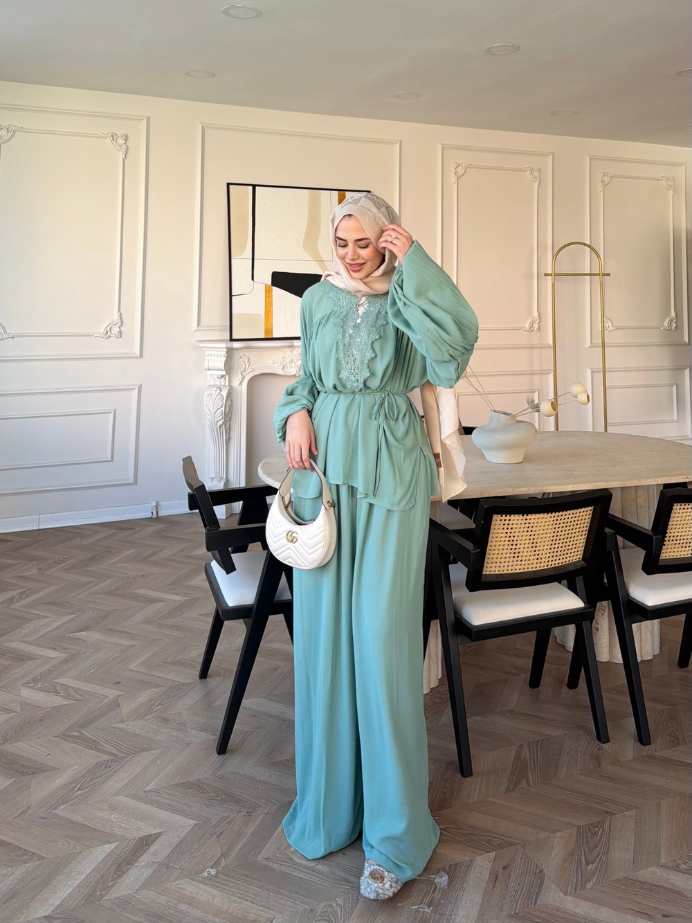 Pure Dantel Detaylı Pantolon Takım Su Yeşili (5819)